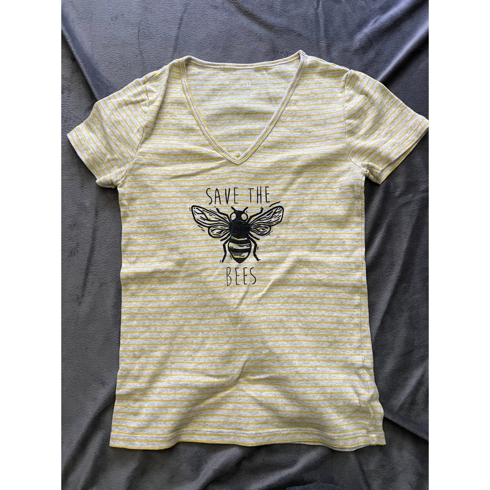 Gap‎ Save the Bees Striped V-Neck T-Shirt Yellow Grey Pima Cotton Modal Medium